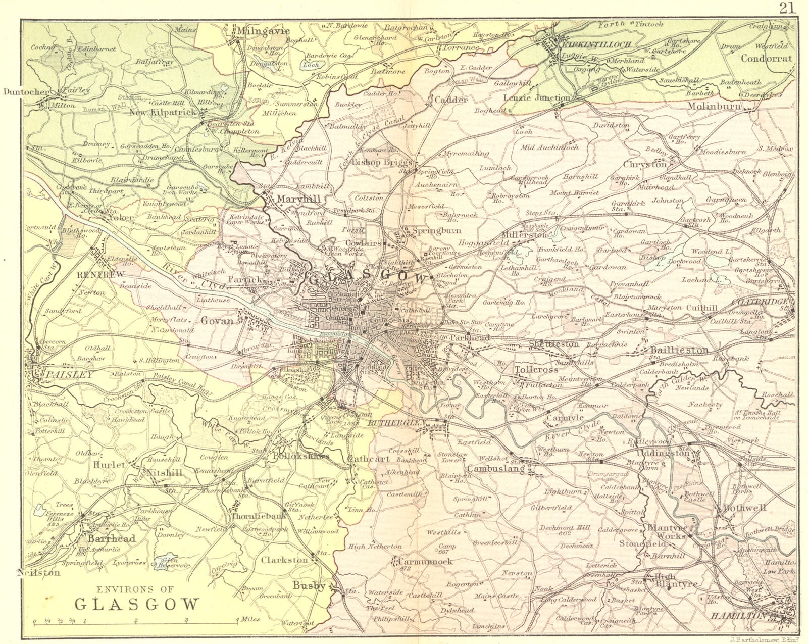 SCOTLAND. Area of Glasgow. Philip 1891 old antique vintage map plan chart
